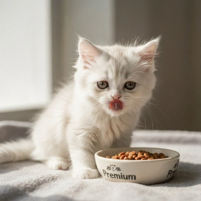 Close-up of a cute kitten happily eating from a small food bowl, representing good nutrition