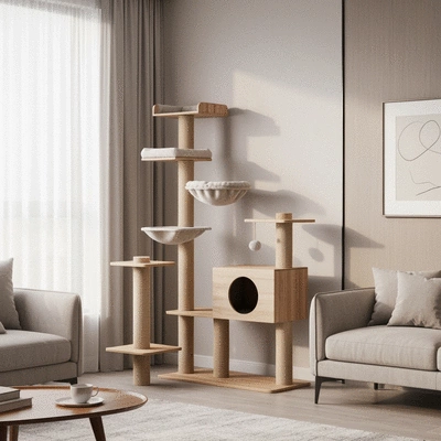 Stylish cat tree with multiple levels and scratching posts in a modern living room