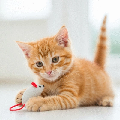 Close-up of a kitten playing with a toy mouse, bright and playful environment, no text, no words, no typography, no labels, clean image