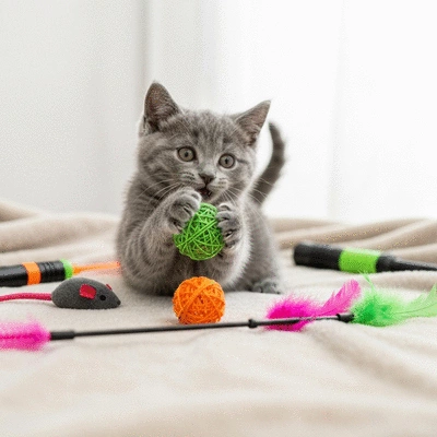 Kitten playing with various colorful toys on a soft blanket, representing engaging playtime