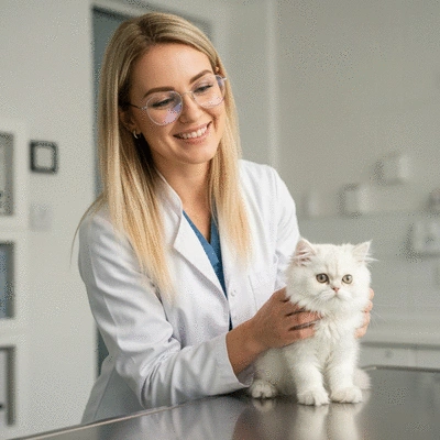 Veterinarian examining a healthy kitten, bright clinic setting