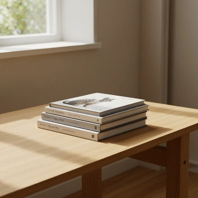 Several modern cat training books stacked on a wooden table