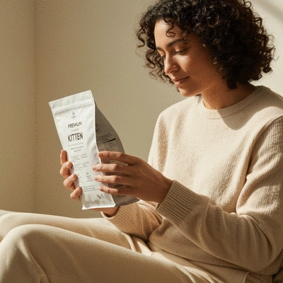 Person holding a bag of cat food, emphasizing ingredient label reading