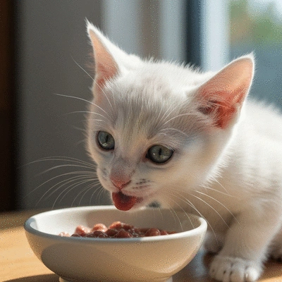 Kitten eating wet food from a bowl