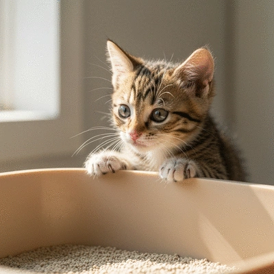 Cute kitten exploring a low-sided litter box with curiosity