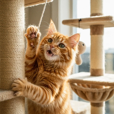 Cute kitten playing on a multi-level cat tree, scratching a sisal post