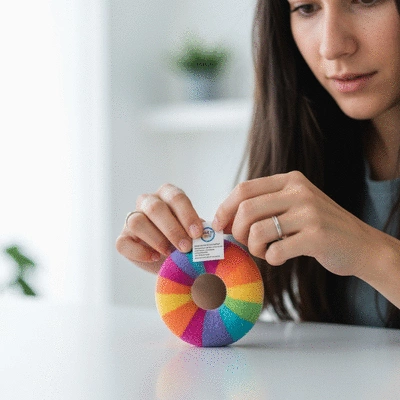 Kitten parent inspecting a toy's safety label