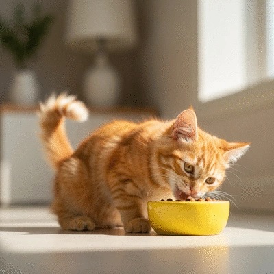 Cute kitten eating from a bowl, high-quality, professional photography
