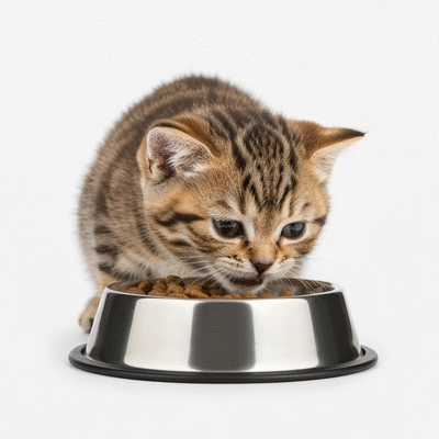 Kitten eating from a bowl, high-quality pet food in focus