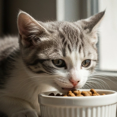 Kitten eating from a bowl, high-quality kibble
