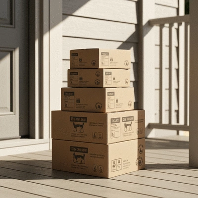 Stack of pet food delivery boxes, showing convenience of online shopping