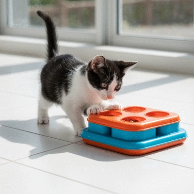 Kitten interacting with a puzzle feeder toy, demonstrating problem-solving skills to get treats.