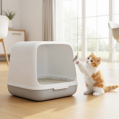 Modern, clean litter box with a kitten playing nearby