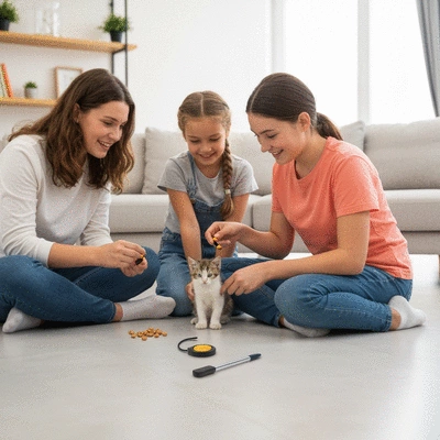 Family training a kitten together in a living room