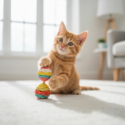 Kitten playing with a safe, non-toxic toy on a clean floor
