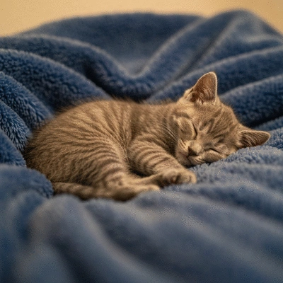 Kitten curled up sleeping peacefully on a soft blanket, representing comfort and security, warm ambient lighting, no text, no words, no typography, 8K