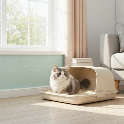 Kitten comfortably using a clean, well-placed litter box