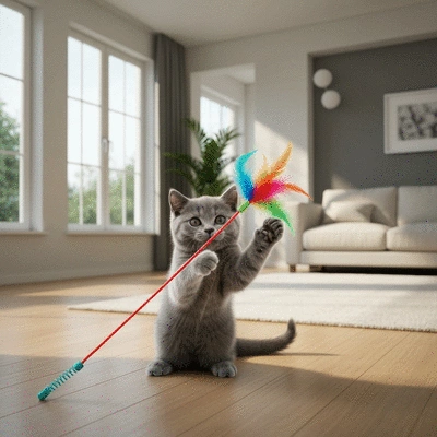 Kitten playing with a safe, certified toy in a clean, brightly lit room