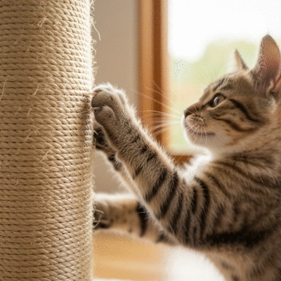 Kitten scratching a sisal rope post, with focus on claws and texture