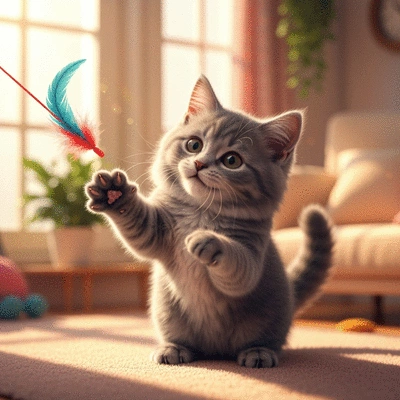 Happy kitten playing with a feather toy, in a cozy home environment, soft natural light, no text, no words, no typography, 8K