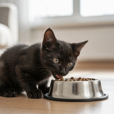 Kitten eating from a bowl, high-quality pet food in a clean setting, no text, no words, no typography, no labels, clean image
