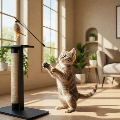 Kitten playing with an interactive toy near a scratching post