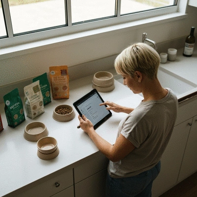 Person researching kitten food brands on a tablet