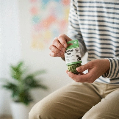Person inspecting pet product labels for safety certifications