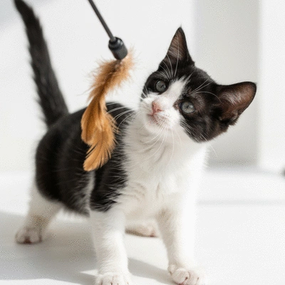 Kitten playing with an interactive feather wand toy, demonstrating focus and agility.